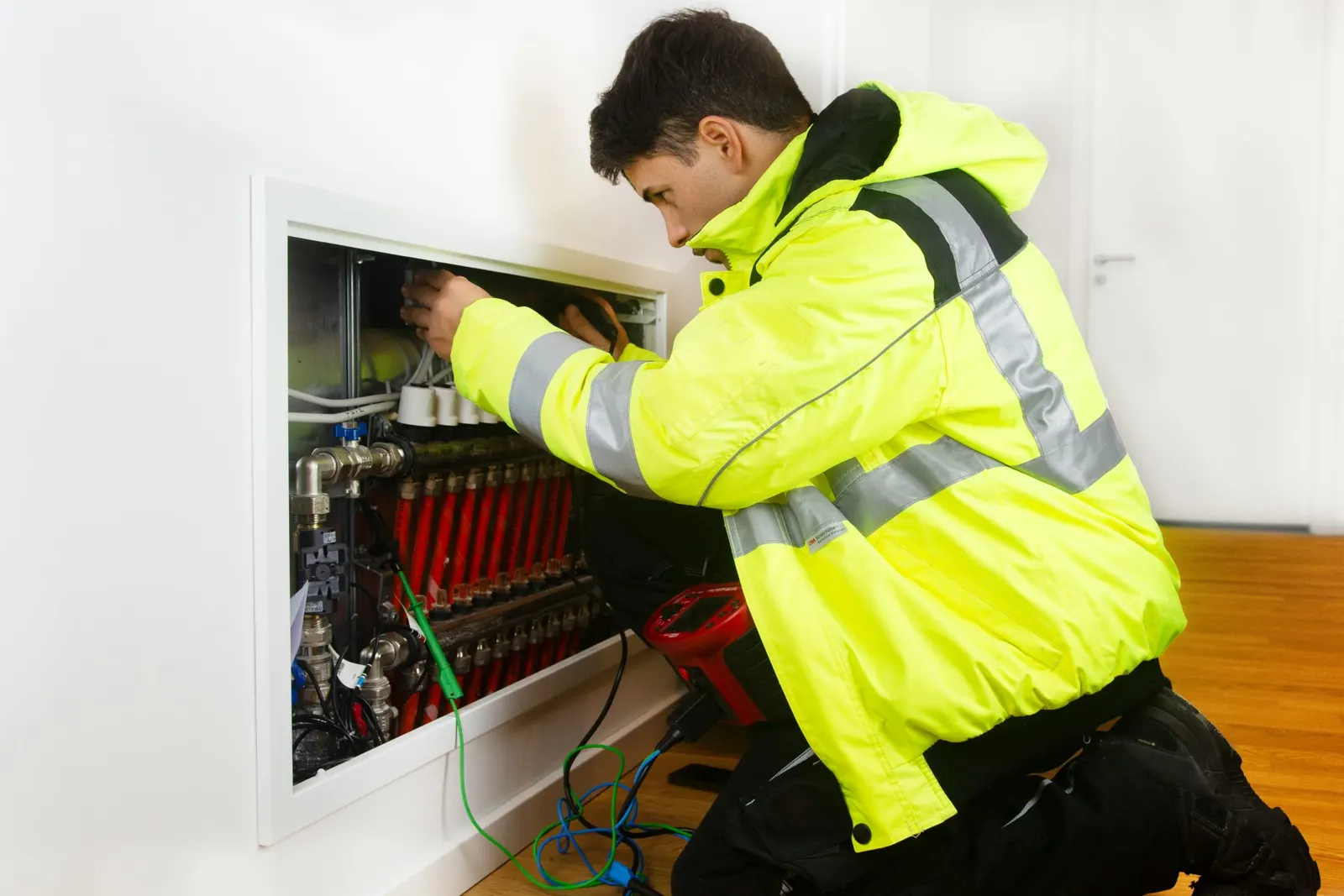 Electricista trabajando en un cuadro eléctrico