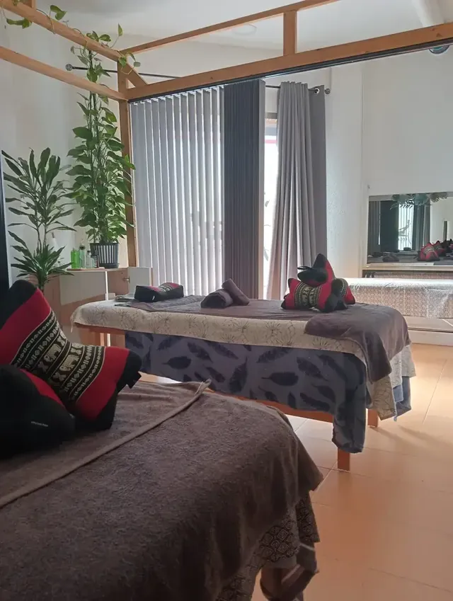 Sala de masaje con camilla y plantas